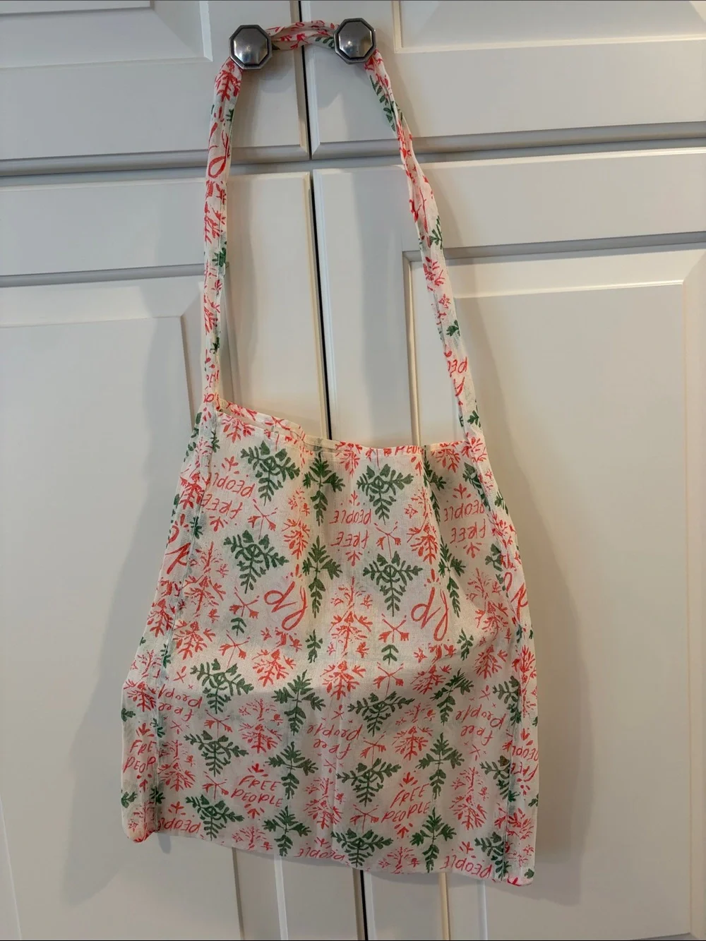 Free People Cream Tote with Green & Red Botanical Motif